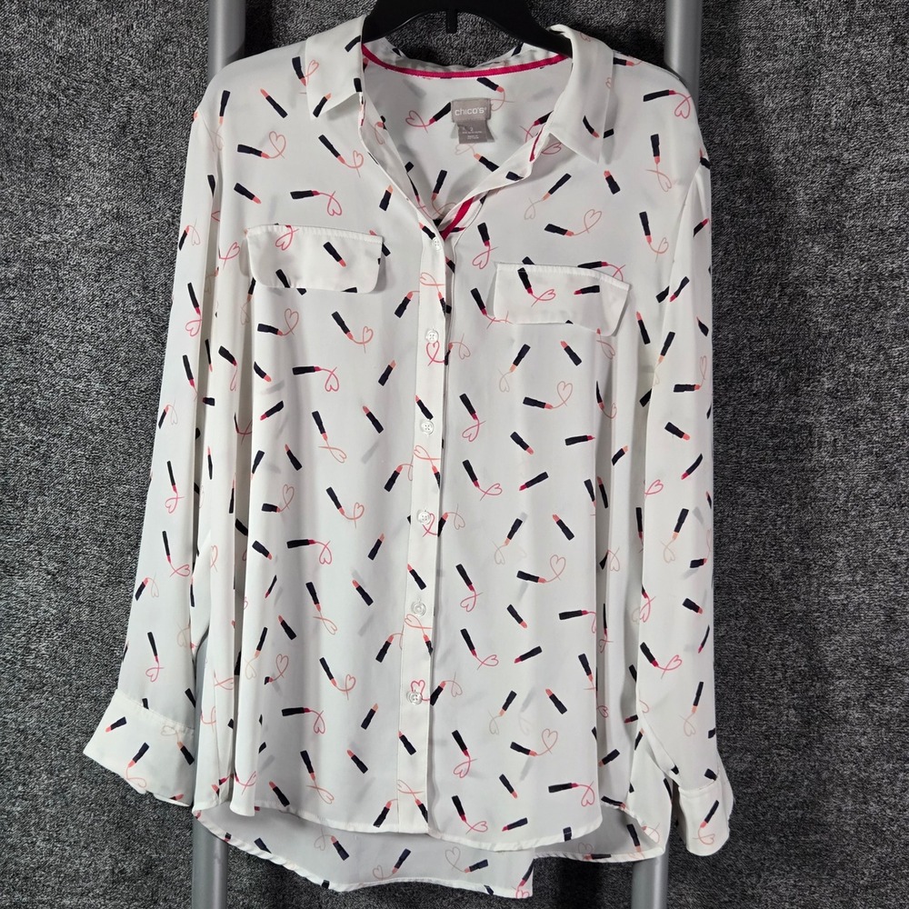 Chico's Lipstick Heart Print Sheer Button Up Blouse White Pink Size 2 L 12/14